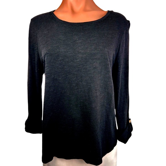 Chico's Sz 1/M Black the Ultimate Tee Asym Hem 3/4 Sleeve Roll Tab Cotton/Modal - Picture 1 of 7